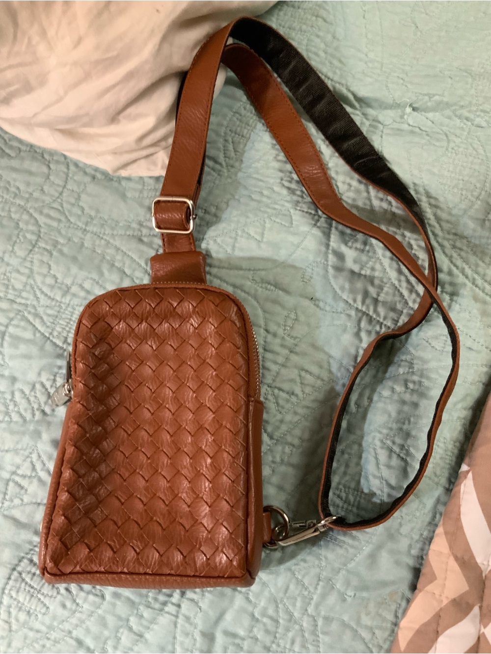 Men's Tan Woven Leather Sling Bag with Adjustable Strap